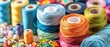 pastel sewing and knitting supplies including yarn, buttons, and fabric on a craft table