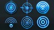 Set of realistic blue radio wave signal symbols isolated on transparent background. Modern illustration of a sound spread, a pulse effect, a vibration frequency, and a radar area symbol.