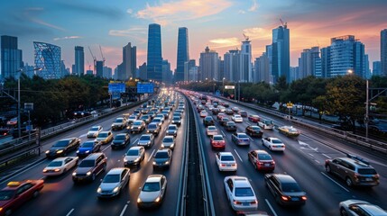 Aufkleber - Rush hour traffic on a bridge with city skyline in the background, showcasing urban mobility challenges.