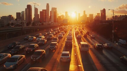 Aufkleber - Rush hour traffic on a bridge with city skyline in the background, showcasing urban mobility challenges.