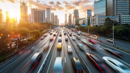 Aufkleber - Rush hour traffic on a bridge with city skyline in the background, showcasing urban mobility challenges.