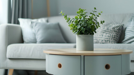 Green plant on a scandinavian cabinet with drawer and a cozy couch with pillows in a gray simple living room interior with place for a coffee table Real photo : Generative AI