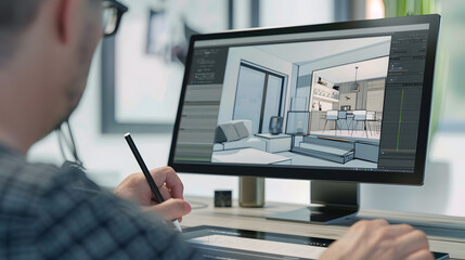 Male 3D designer using digital tablet computer and pencil and creating interior of house in professional design application while working on project remotely : Generative AI