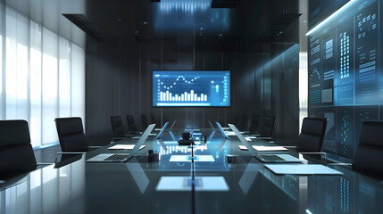 Fototapete - Modern Empty Meeting Room with Big Conference Table with Various Documents and Laptops on it on the Wall Big TV with Big Data Statistics Talks about Company Growth Contemporary Designe : Generative AI