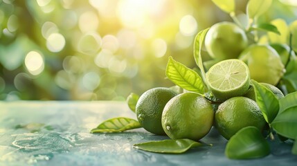 Wall Mural - Fresh ripe limes and leaves on a bright table close up Room for text