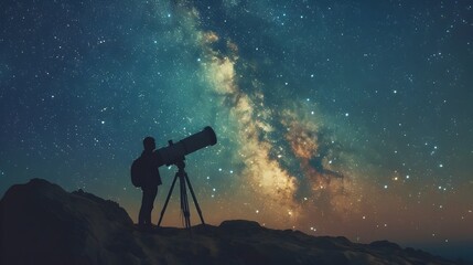 Wall Mural - astronomer discovers exoplanet through massive telescope under starry skies scientific and discovery