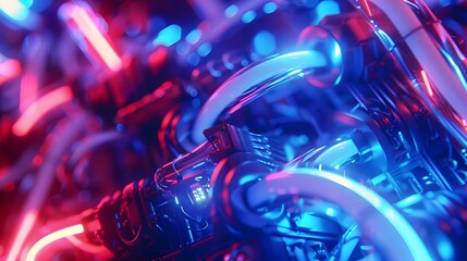 Digital data and technology background with glowing light blue, red bokeh lights and abstract digital code lines in motion