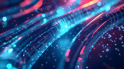 Digital data and technology background with glowing light blue, red bokeh lights and abstract digital code lines in motion
