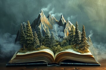 Sticker - The enchanted forest: a magical landscape of misty mountains and ethereal pine trees in an open book fantasy scene of imagination and escape