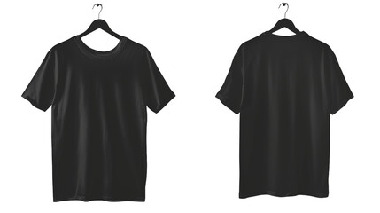 Black t-shirt mockup template with front and back view on PNG Transparent backgrounds. Hanging Tshirt concept.