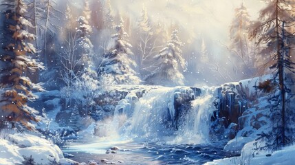 Poster - frozen waterfall in snowy forest landscape winter mist digital painting