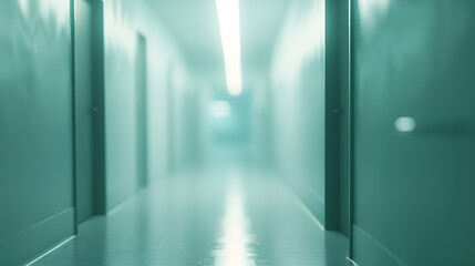 Poster - Bright empty defocused hospital corridor background with copy space : Generative AI
