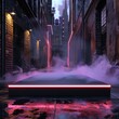 Glossy black podium with integrated neon lighting, set in a cyberpunk alley with steam and flickering lights, perfect for dramatic product reveals.