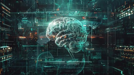 futuristic holographic brain interface on dark scifi background digital painting