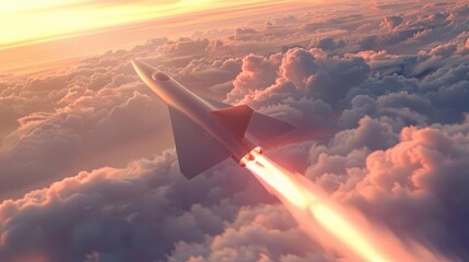 Wall Mural - futuristic hypersonic missile soaring above the clouds dramatic aerial combat scene 3d render