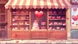 Cartoon modern illustration set of empty wooden cabinet with shelves and canopy for mobile gui menu with sweet desserts and red romantic hearts.