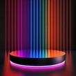 Vibrant neon-lit product podium in a sleek, modern setting, featuring colorful light streaks and a glossy black surface for a high-energy product display