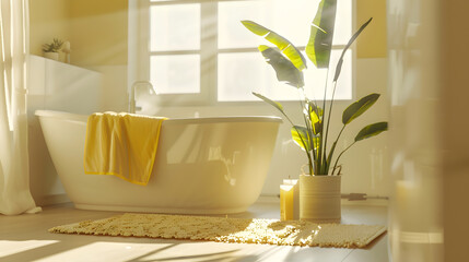 Stylish bathroom interior with bath tub houseplant and soft yellow mat : Generative AI