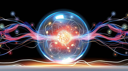 Electromagnetic plasma ball with intricate blue and pink energy arcs on dark background