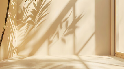 Poster - Minimalistic abstract gentle light beige background for product presentation with light andand intricate shadow from the window and vegetation on wall : Generative AI