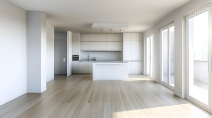 Poster - Empty living room and open kitchen with white walls and hardwood floor in unfurnished apartment : Generative AI