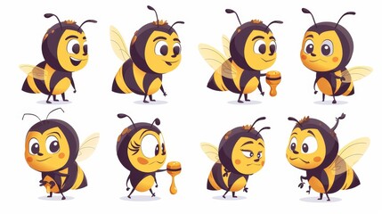 Wall Mural - A cute and funny baby bee mascot cartoon modern set. Farm insect holding honey assets. Illustration of a busy bumblebee with sting.
