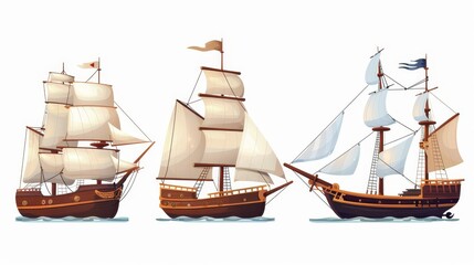 Illustration of old sailboat. Silhouette of a sailing ship for sea illustration. Clipart of an isolated maritime corsair with mast and deck for exploration fairytale. Vintage set of clippers and