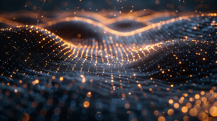 The digital particles form an abstract mesh pattern in the background.