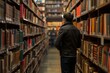 © anatolir - Back view of a young person browsing books in a cozy library