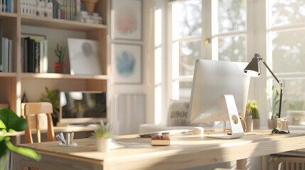 Poster - Clean bright and empty home office interior organized with a computer and desk inside Modern contemporary and work space view of a decorated room with stylish decor and wooden furnitur : Generative AI