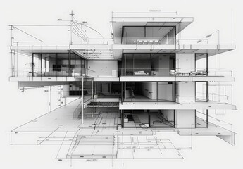 Aufkleber - Wireframe rendering of a contemporary house with technical details