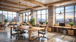 A contemporary coworking office interior design with warm wooden elements, cool concrete surfaces, and a panoramic window revealing a city skyline.