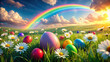 A digital artwork depicting a vibrant rainbow, colorful eggs, and daisies swaying in the wind on a sunny Easter morning in a scenic meadow, symbolizing the beauty of spring.