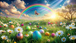 A digital artwork depicting a dreamy Easter morning with a rainbow, colorful eggs, and daisies gently swaying in the wind in a lush meadow, symbolizing the beauty of nature in springtime.