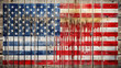 A contemporary artistic interpretation of the US flag on a backdrop of textured wood, with dynamic paint drips adding movement to the composition.