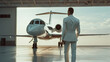 © Limitless Visions - Private jet in large minimalism white hangar with business man.success and vip flight concepts.business goal. transportation lifestyle