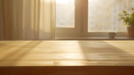 Wall Mural - Empty wooden desk on blurred kitchen window for product presentation : Generative AI