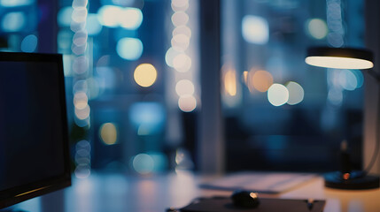 Fototapete - At night beautiful Abstract blurred office interior room blurry working space with defocused effect : Generative AI