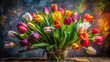 A dramatic photo of a bouquet of tulips, with some flowers appearing lively and others drooping with the weight of time.