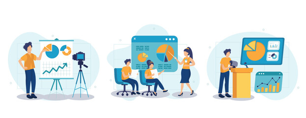 Wall Mural - Coach speaking collection of scenes isolated. People learn at business training, career development, set in flat design. Vector illustration for blogging, website, mobile app, promotional materials.