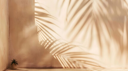 Aufkleber - Minimal product placement background with palm shadow on beige plaster wall Luxury summer architecture interior aesthetic Boho home room for product platform stage mockup : Generative AI