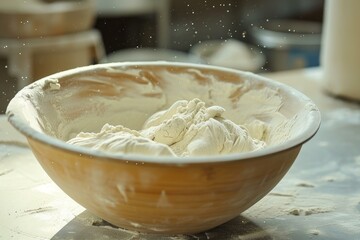 Poster - Sunlight bathes a bowl of homemade dough, evoking a warm, rustic baking atmosphere