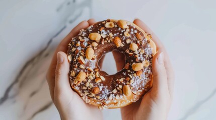 Canvas Print - A doughnut topped with peanuts and chocolate being held in two hands against a simple white backdrop