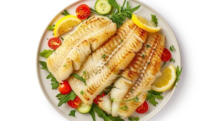 Wall Mural - Plate of fried cod fish fillet with vegetables isolated on white background, top view. Generative Ai