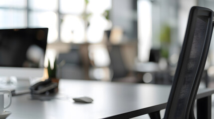Fototapete - Modern business office without people with blurred bokeh background tables chairs computers copy space High quality photo : Generative AI