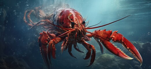 Wall Mural - A large red lobster is swimming in the ocean. The water is blue and the rocks are grey