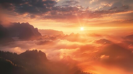 Wall Mural - majestic sunrise over misty mountains aweinspiring landscape photography
