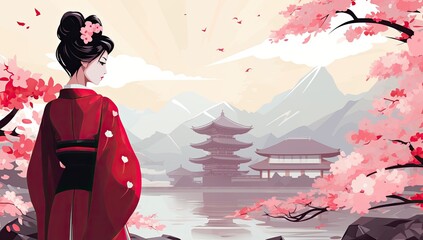 Wall Mural - A woman in a red kimono stands in front of a mountain range. The image has a serene and peaceful mood, with the woman and the landscape
