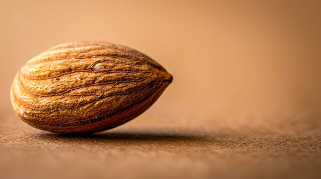 A single almond placed elegantly on a solid almond background