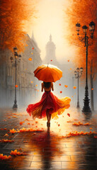 Wall Mural - A vertical painting of a woman walking on a rain-soaked city street, viewed from behind. She holds a large, vibrant orange umbrella